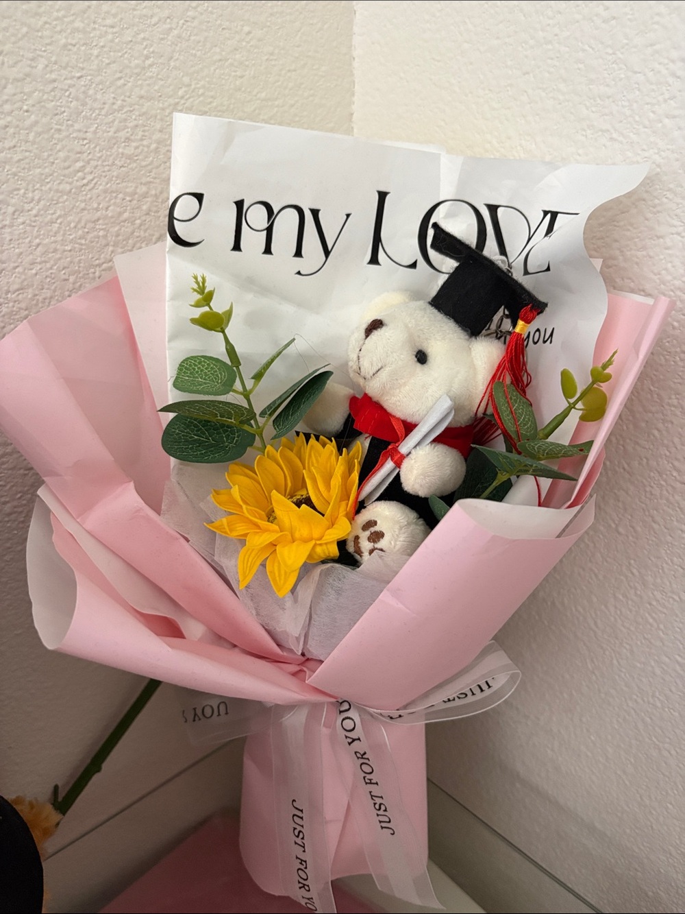 Graduation Teddy Bear Bouquet with Yellow Sunflower